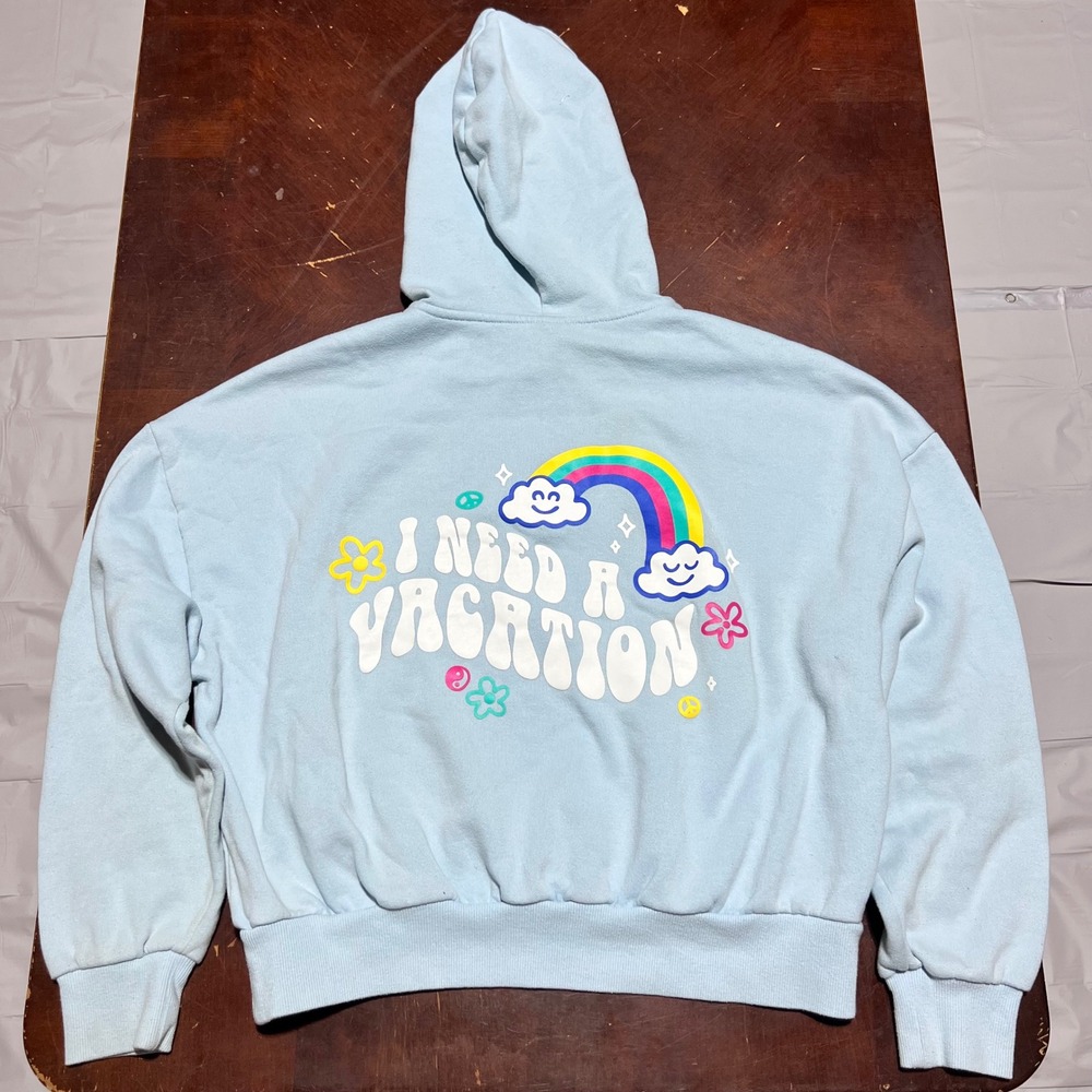 PacSun I Need A Vacation Graphic Quarter Zip Hoodie Blue Oversized One Size